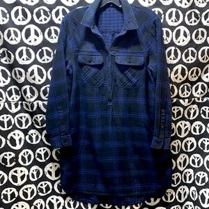 MADEWELL COTTON FLANNEL PLAID BLUE/BLACK HENLEY BUTTON TUNIC DRESS SZ M